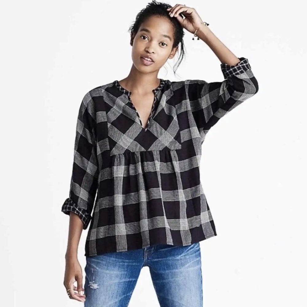 Madewell Black and Gray Plaid Blouse
